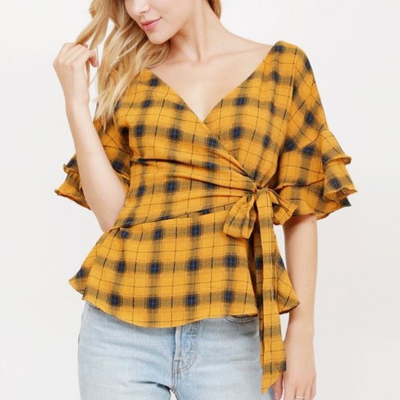 essue Tops - Mustard Plaid Check Ruffle Sleeves Wrap Tie Blouse